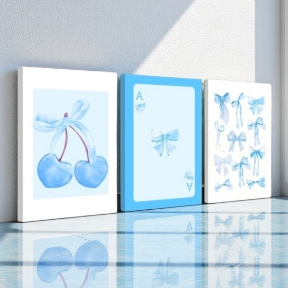 NWT Blue Heart and Bow Canvas Wall Art Set Of 3